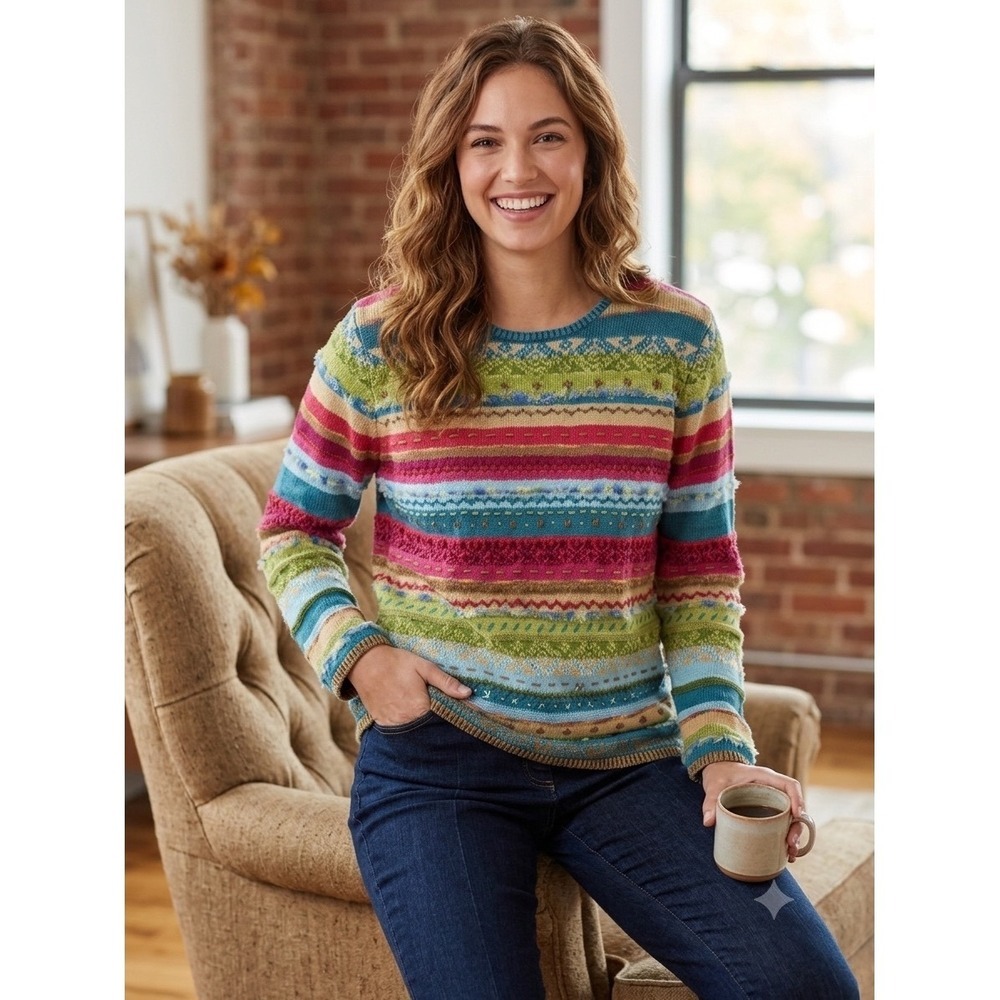 Koret Womens XL Multi-Color Striped Fair Isle Eyelash Texture Knit Sweater